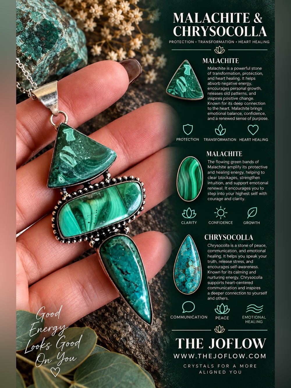 925 HEART HEALER Malachite Chrysocolla Pendant Necklace